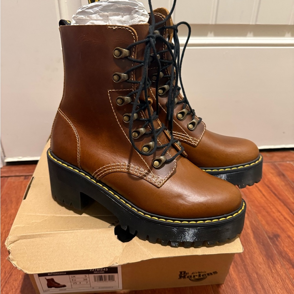 Brand New Dr. Martens Leona Orleans Butterscotch Leather Heeled Boots - Picture 2 of 9